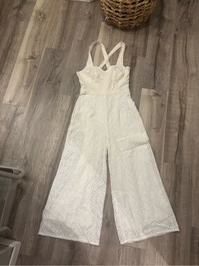 Anthropologie Ivory Eyelet Wide-Leg Cropped Cross-Back Jumpsuit